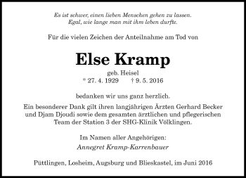 Todesanzeige von Else Kramp von saarbruecker_zeitung