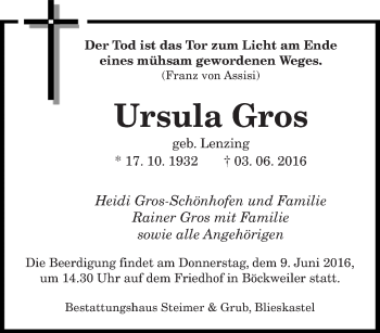 Todesanzeige von Ursula Gros von saarbruecker_zeitung