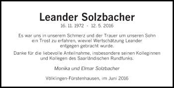 Todesanzeige von Leander Solzbacher von saarbruecker_zeitung
