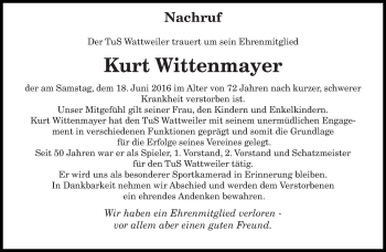 Todesanzeige von Kurt Wittenmayer von saarbruecker_zeitung