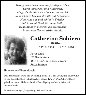 Todesanzeige von Catherine Schirra von saarbruecker_zeitung