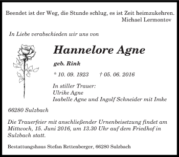 Todesanzeige von Hannelore Agne von saarbruecker_zeitung