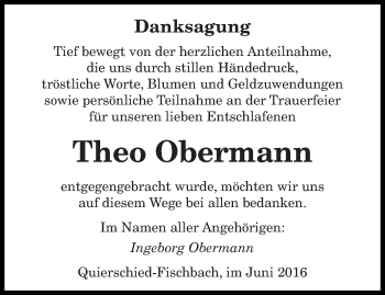 Todesanzeige von Theo Obermann von saarbruecker_zeitung