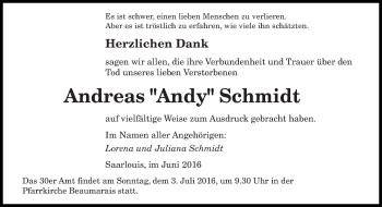 Todesanzeige von Andreas Schmidt von saarbruecker_zeitung