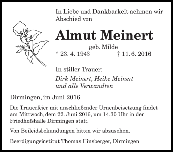 Todesanzeige von Almut Meinert von saarbruecker_zeitung