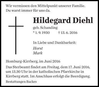 Todesanzeige von Hildegard Diehl von saarbruecker_zeitung