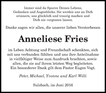 Todesanzeige von Anneliese Fries von saarbruecker_zeitung