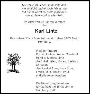 Todesanzeige von Karl Lintz von saarbruecker_zeitung