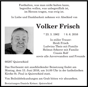 Todesanzeige von Volker Frisch von saarbruecker_zeitung