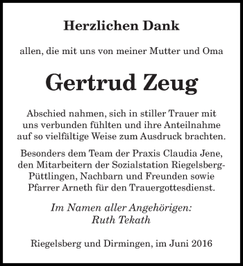 Todesanzeige von Gertrud Zeug von saarbruecker_zeitung
