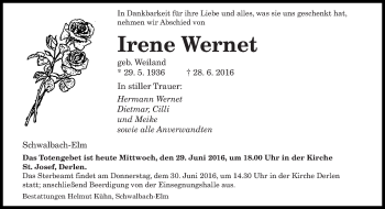 Todesanzeige von Irene Wernet von saarbruecker_zeitung