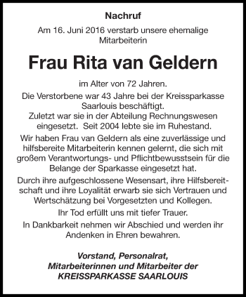 Todesanzeige von Rita van Geldern von saarbruecker_zeitung