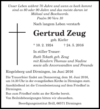 Todesanzeige von Gertrud Zeug von saarbruecker_zeitung