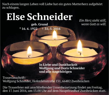 Todesanzeige von Else Schneider von saarbruecker_zeitung