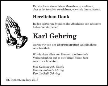 Todesanzeige von Karl Gehring von saarbruecker_zeitung