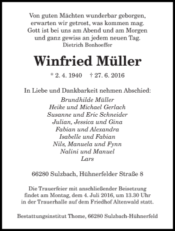 Todesanzeige von Winfried Müller von saarbruecker_zeitung