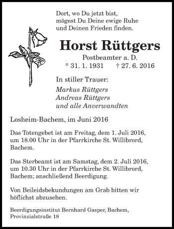 Todesanzeige von Horst Rüttgers von saarbruecker_zeitung