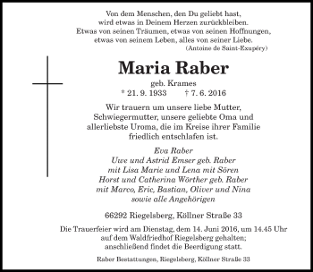 Todesanzeige von Maria Raber von saarbruecker_zeitung