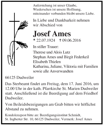 Todesanzeige von Josef Ames von saarbruecker_zeitung