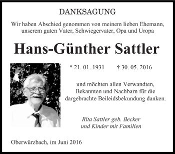 Todesanzeige von Hans-Günther Sattler von saarbruecker_zeitung