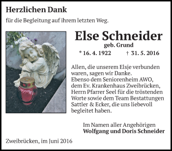 Todesanzeige von Else Schneider von saarbruecker_zeitung