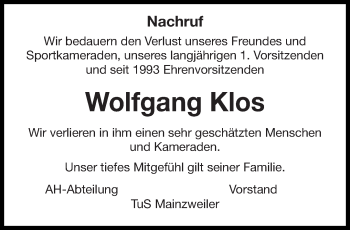 Todesanzeige von Wolfgang Klos von saarbruecker_zeitung