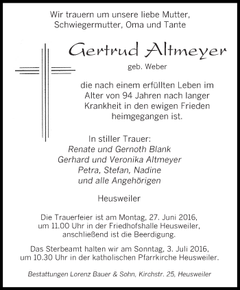 Todesanzeige von Gertrud Altmeyer von saarbruecker_zeitung