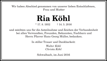 Todesanzeige von Ria Köhl von saarbruecker_zeitung