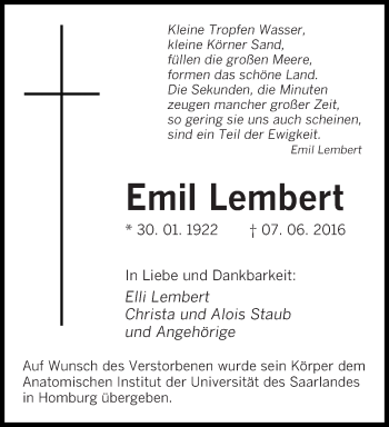 Todesanzeige von Emil Lembert von saarbruecker_zeitung