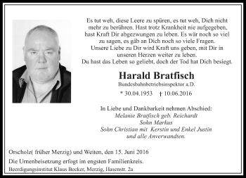 Todesanzeige von Harald Bratfisch von saarbruecker_zeitung
