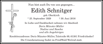 Todesanzeige von Edith Schnitger von saarbruecker_zeitung