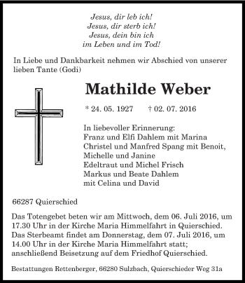 Todesanzeige von Mathilde Weber von saarbruecker_zeitung