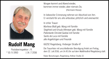 Todesanzeige von Rudolf Mang von saarbruecker_zeitung