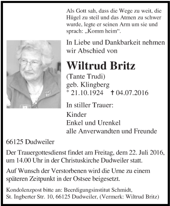 Todesanzeige von Wiltrud Britz von saarbruecker_zeitung
