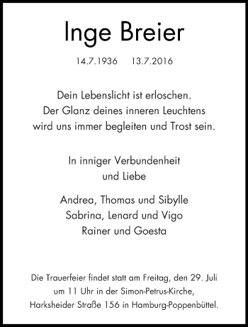 Todesanzeige von Inge Breier von saarbruecker_zeitung
