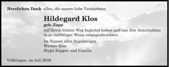 Todesanzeige von Hildegard Klos von saarbruecker_zeitung