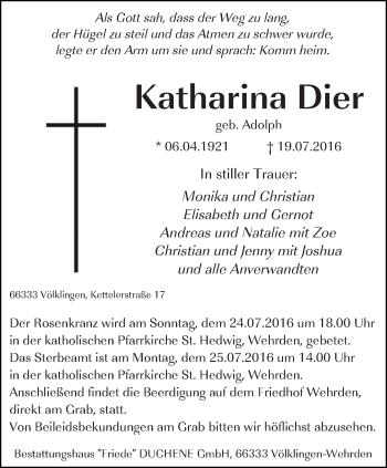 Todesanzeige von Katharina Dier von saarbruecker_zeitung