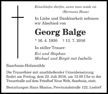 Todesanzeige von Georg Balge von saarbruecker_zeitung