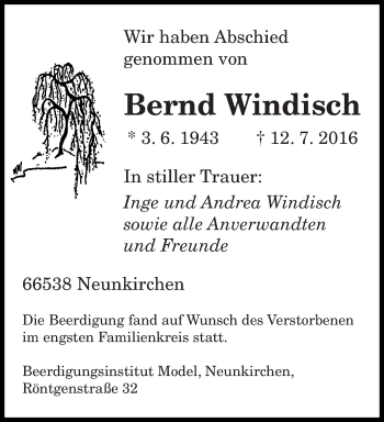 Todesanzeige von Bernd Windisch von saarbruecker_zeitung