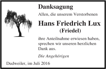 Todesanzeige von Hans Friedrich Lux von saarbruecker_zeitung