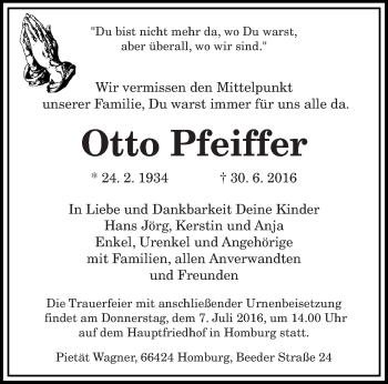 Todesanzeige von Otto Pfeiffer von saarbruecker_zeitung