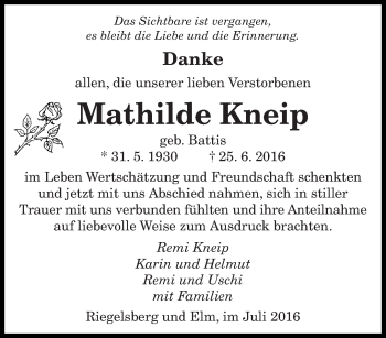 Todesanzeige von Mathilde Kneip von saarbruecker_zeitung