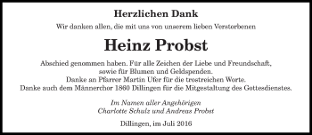 Todesanzeige von Heinz Probst von saarbruecker_zeitung