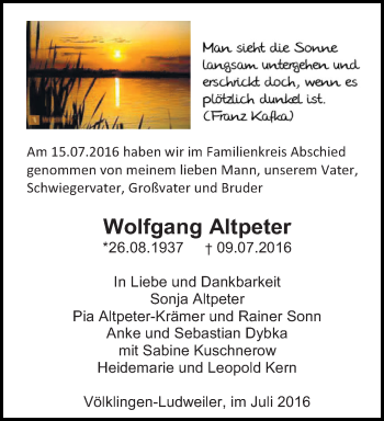 Todesanzeige von Wolfgang Altpeter von saarbruecker_zeitung