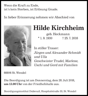 Todesanzeige von Hilde Kirchheim von saarbruecker_zeitung