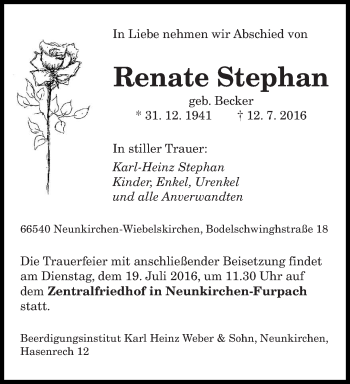 Todesanzeige von Renate Stephan von saarbruecker_zeitung