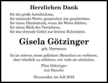Todesanzeige von Gisela Götzinger von saarbruecker_zeitung