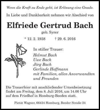 Todesanzeige von Elfriede Gertrud Bach von saarbruecker_zeitung