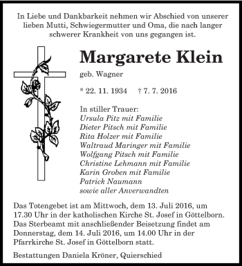 Todesanzeige von Margarete Klein von saarbruecker_zeitung