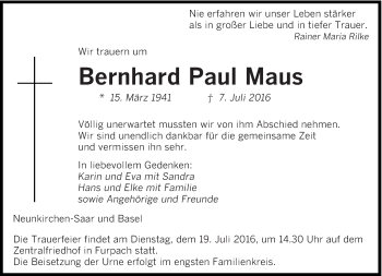 Todesanzeige von Bernhard Paul Maus von saarbruecker_zeitung